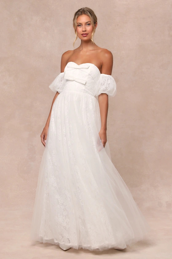Complete Romantic White Lace Off-the-Shoulder Bow Maxi Dress | Lulus