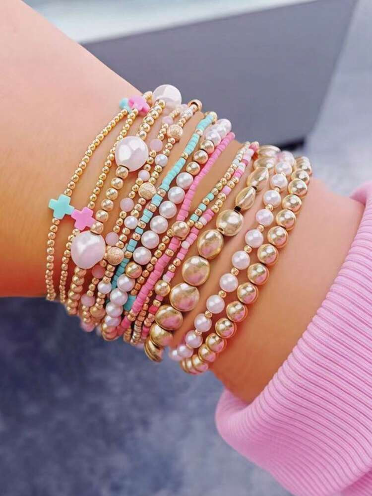 13pcs Women's Cross Bracelet Set, Colorful Beads, CCB Beads, Faux Pearl Multi-Layer Elastic Brace... | SHEIN