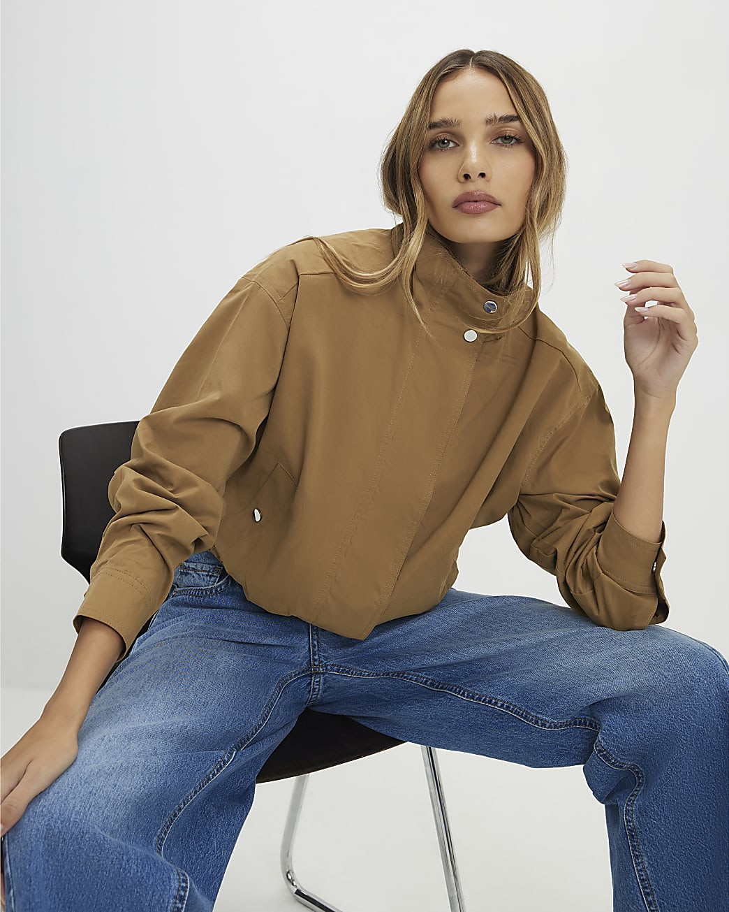 Beige Funnel Neck Bomber Jacket | River Island UK & IE
