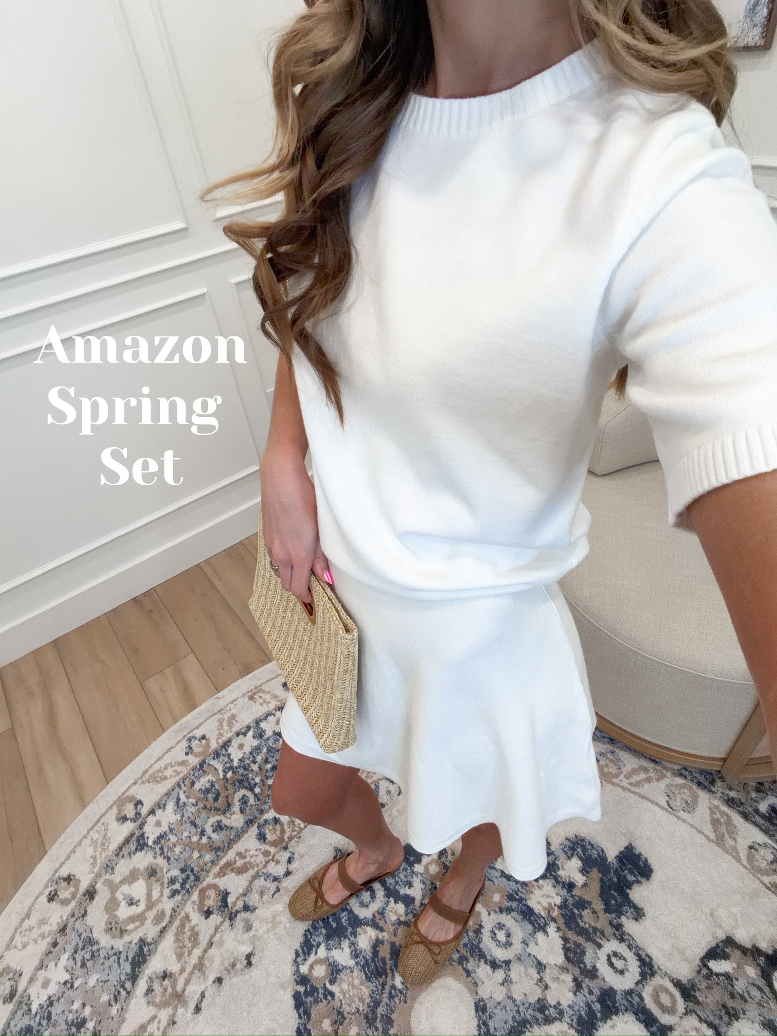 Amazon finds that are so good right now — this white knit skirt set is the cleanest, most effortless spring outfit 🤍✨ Matching crew neck sweater top and flare midi skirt in crisp white, styled with tan woven Mary Jane flats and a raffia clutch — minimal, polished, and completely Amazon. 

#LTKootd #LTKSeasonal #LTKWorkwear