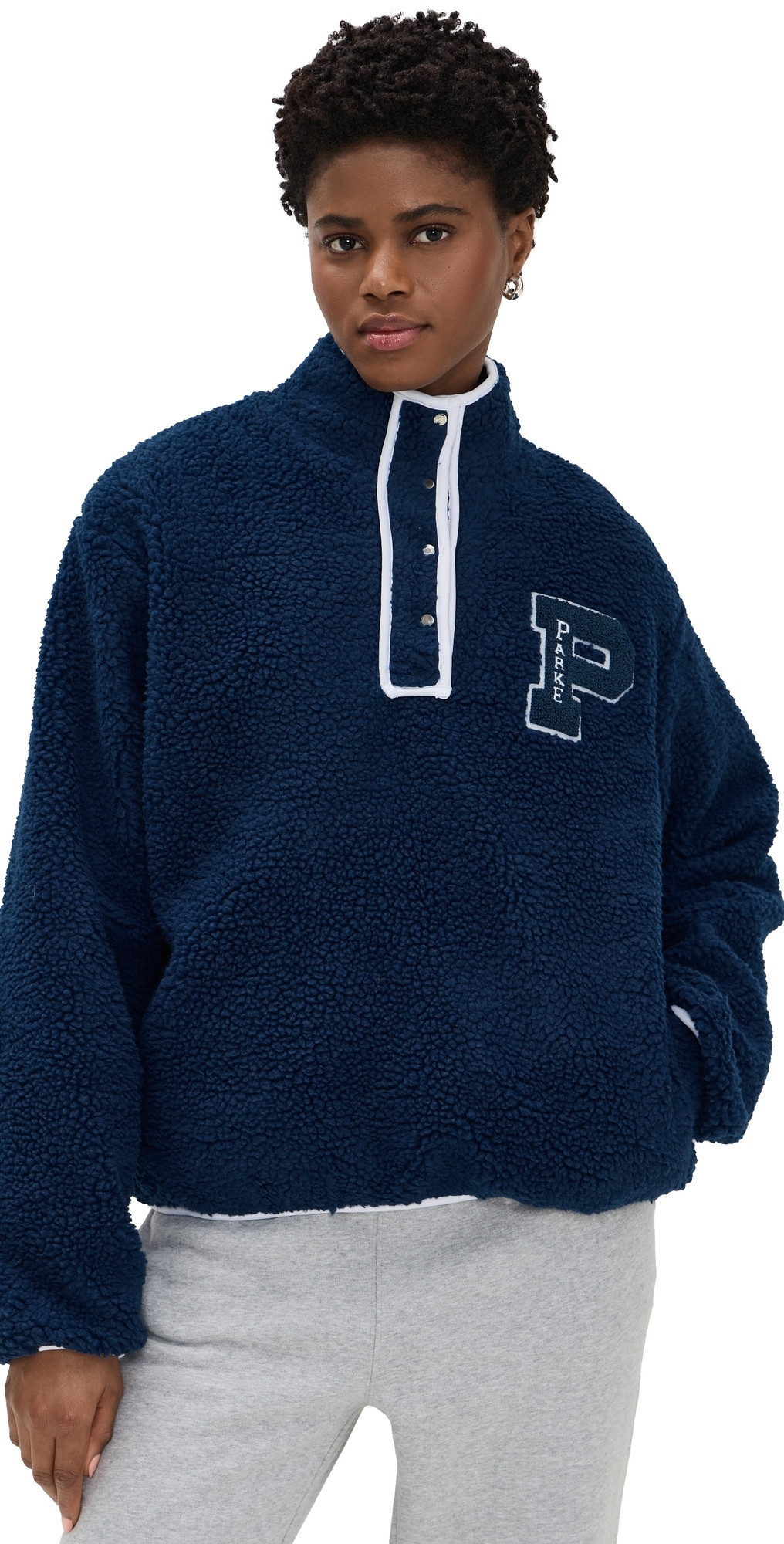 PARKE Chenille Varsity Fleece Sweatshirt Navy XXL | Shopbop