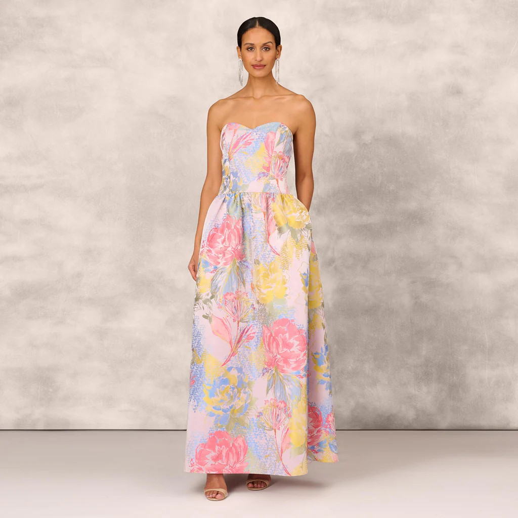 Strapless Floral Ball Gown With Drop Waist In Coral Multi | Adrianna Papell