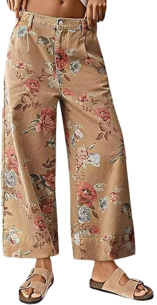 loveimgs Women Mid Rise Cropped Wide Leg Jeans Baggy Floral Ankle Pants Denim Capris Flare Print ... | Amazon (US)