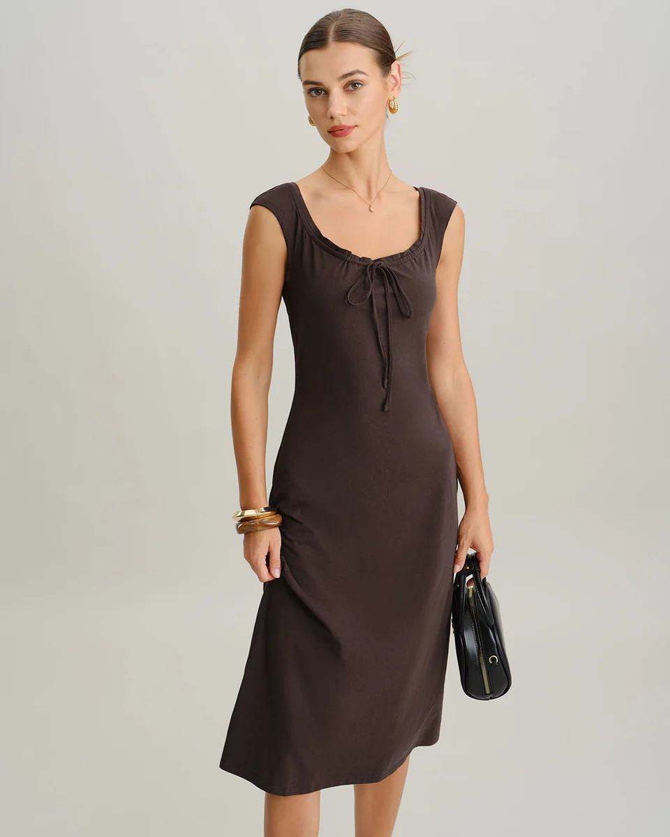 Brown Boat Neck Cap Sleeve Midi Dress | rihoas.com