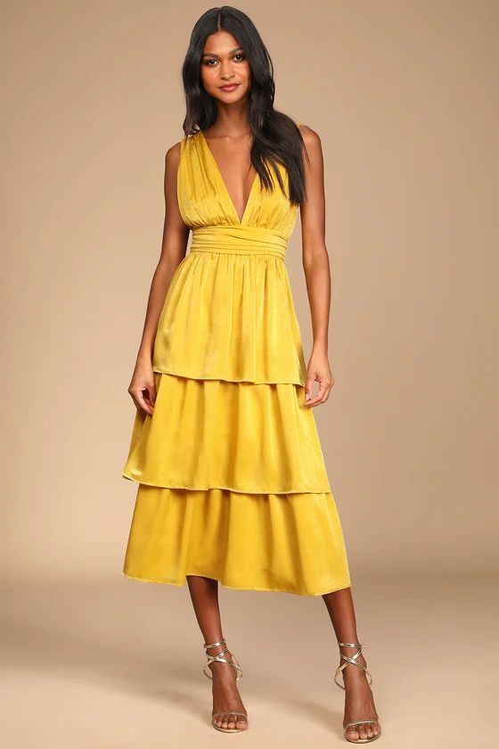 Peak Party Vibe Mustard Yellow Satin Tiered Tie-Back Midi Dress | Lulus (US)