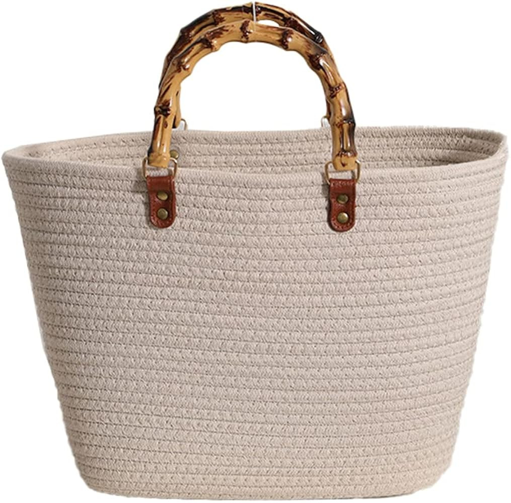 Straw Bag for Women Retro Beach Bag Tote Bag Woven Rope Imitation Bamboo Top Handle Bags for Tavel S | Amazon (US)