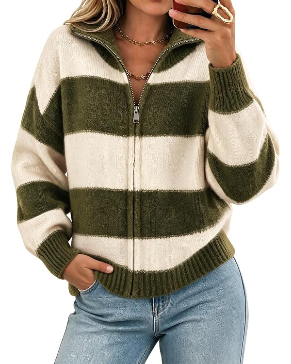 Cicy Bell Women Striped Color Block Cardigan Zip Long Sleeve Knit Sweater | Amazon (US)
