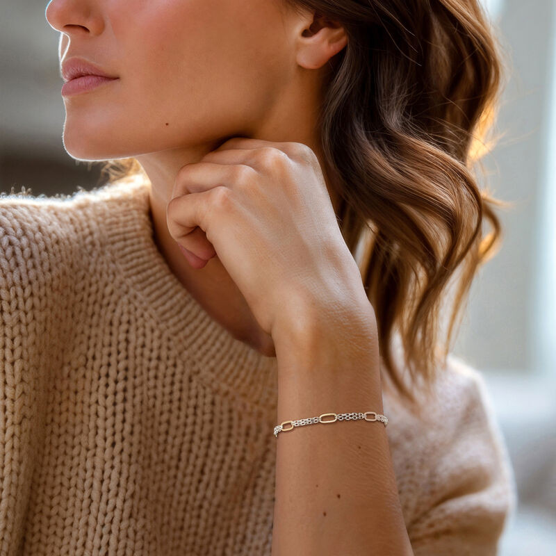 Sterling Silver and 18kt Gold Over Sterling Cable and Paper Clip Link Station Bracelet | Ross-Simons