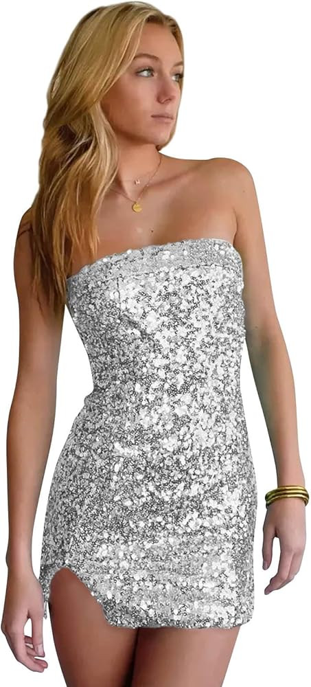 Sparkly Sequin Homecoming Dresses 2025 Short with SlitStrapless Tight Mini Cocktail Party Gown | Amazon (US)