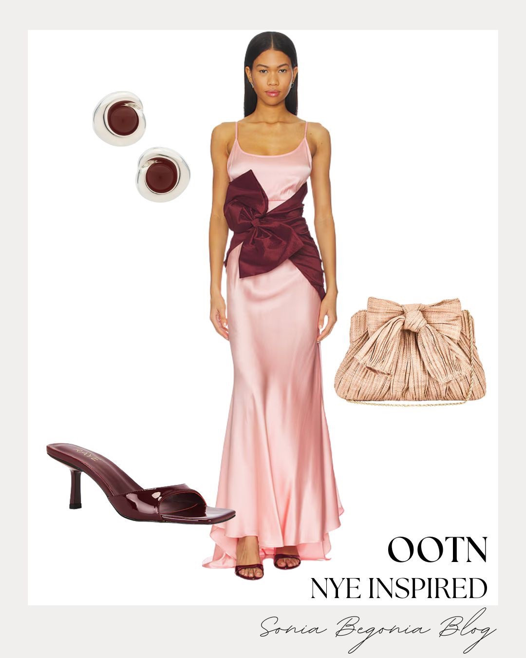 OUTFIT of the Night: Bows, Satin, & Burgundy Accents! 🥂

Embrace the romantic glam trend with this perfectly balanced New Year's Eve inspired look! ✨

We are obsessed with the statement piece: the shimmering blush pink satin maxi dress featuring a gorgeous, oversized burgundy bow detail at the waist. Balance the feminine gown with sleek, modern accessories in matching deep wine tones. Finish the look with polished details: a pair of glossy burgundy square-toe heeled mules, a textured champagne bow clutch with a delicate gold chain, and bold silver swirl earrings with a ruby-colored center for a touch of sophisticated sparkle!

#OOTN
#OutfitOfTheNight
#NYEOutfit
#SatinDress
#BowTrend
#HolidayStyle
#PartyLook
#BurgundyAesthetic
#EveningGown
#FeminineStyle
#NewYearsEve
#LTKStyle
#DateNightOutfit
#RomanticStyle
#StylingInspo


#LTKgrwm #LTKWedding #LTKootd
