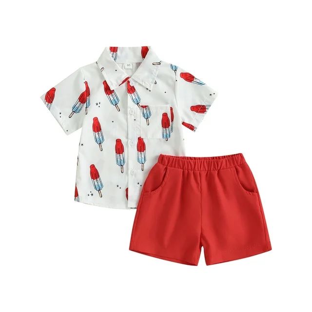 Wallarenear Little Boys 4th of July Outfits Lapel Button Shirt Tops Elastic Waist Shorts,White,5-... | Walmart (US)