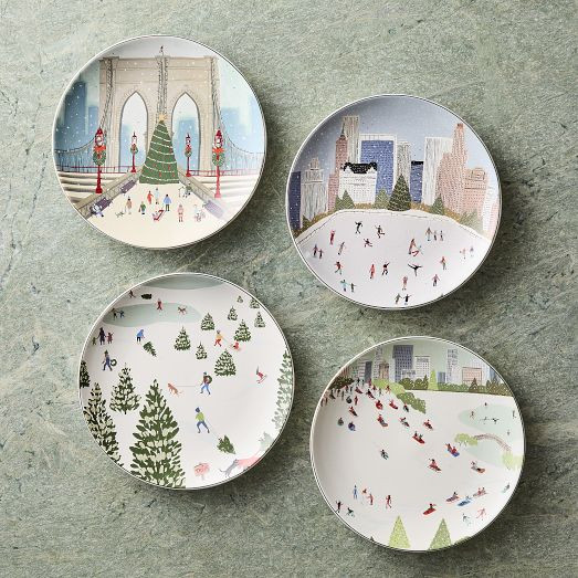 Nicole Cicak Winter Activities Ceramic Salad Plate Sets | West Elm (US)