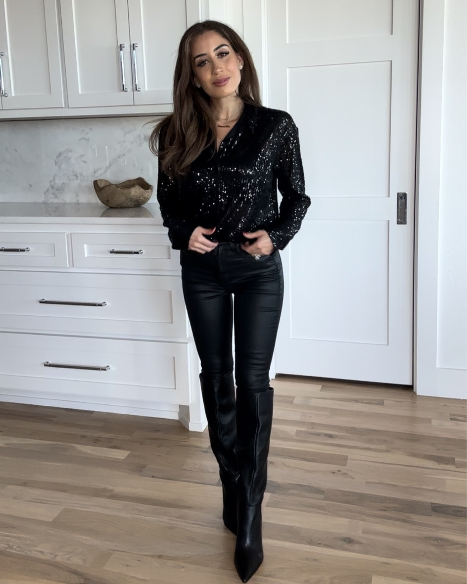 Sequin shirt xxs coated skinny jeans boots 

#LTKfindsunder100 #LTKfindsunder50 #LTKsalealert