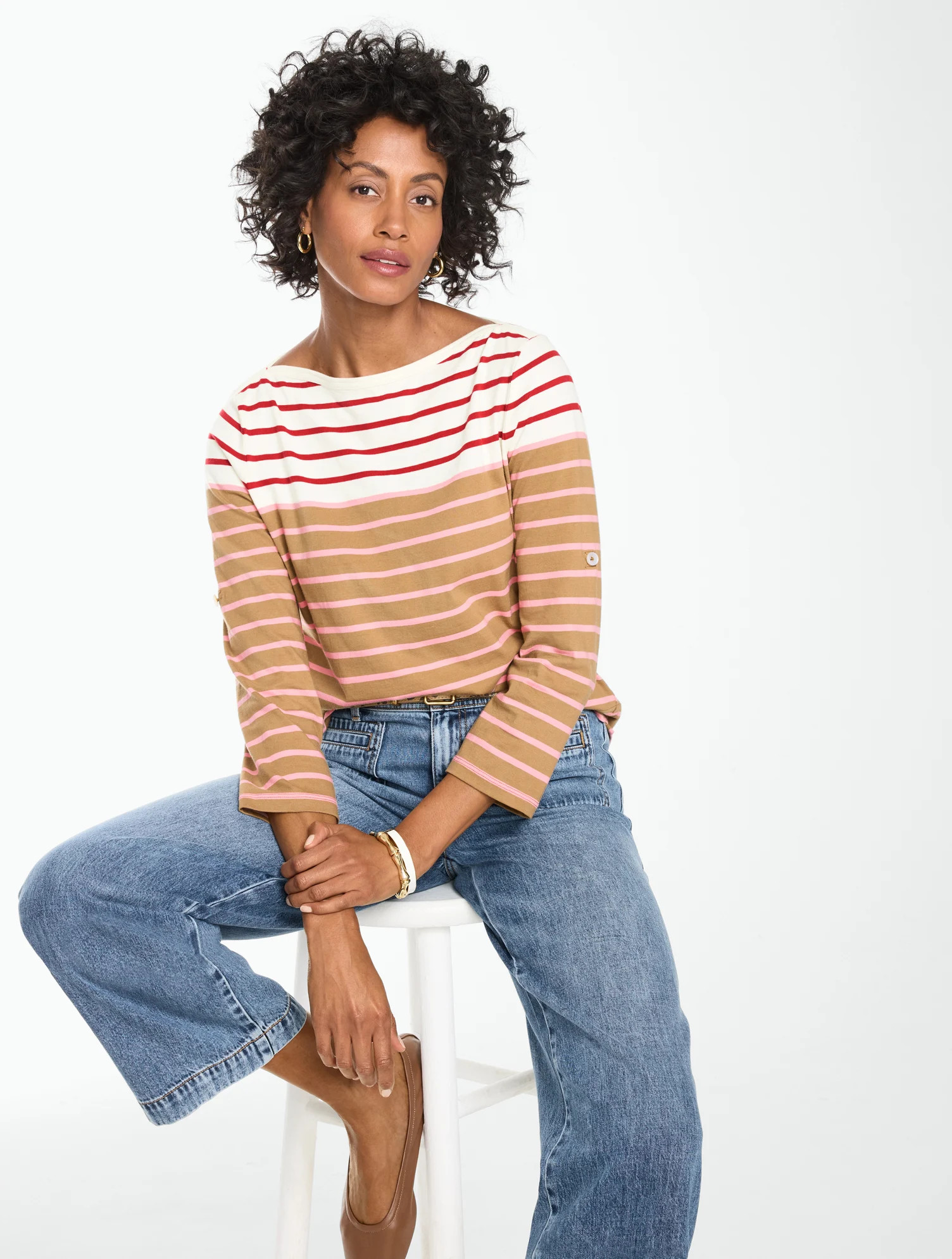 Plus Petite - Roll Cuff Bateau Neck Top - Cafe Au Lait - X - 100% Cotton Talbots | Talbots