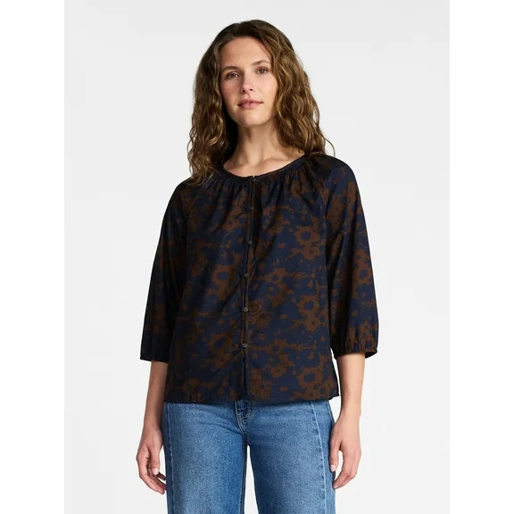 Time and Tru Women's Cotton Split Neck Top with Flutter Sleeves, Sizes XS-XXXL | Walmart (US)