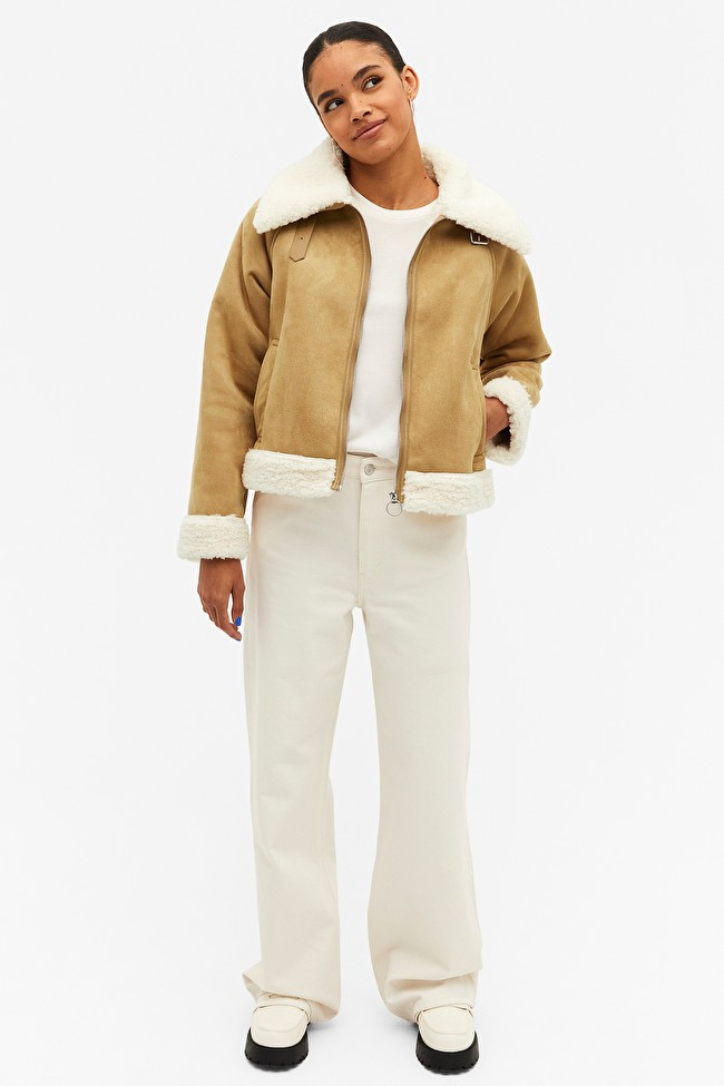 Beige faux suede aviator jacket | Monki