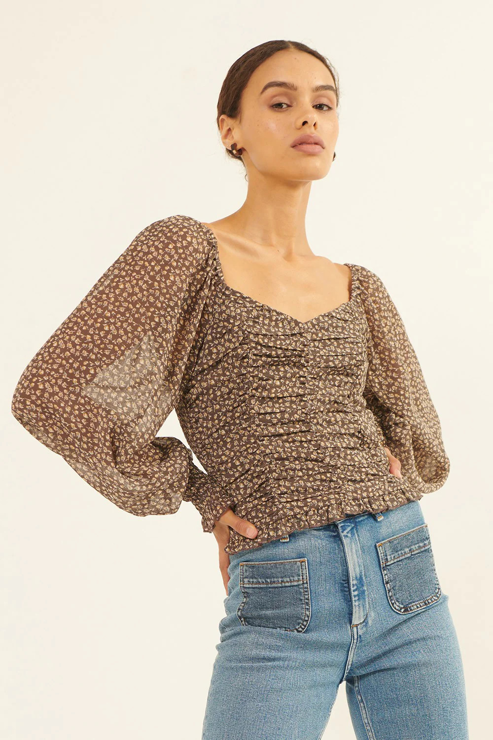 Chestnut Floral Chiffon Ruched Long-Sleeve Peasant Top | PinkBlush Maternity