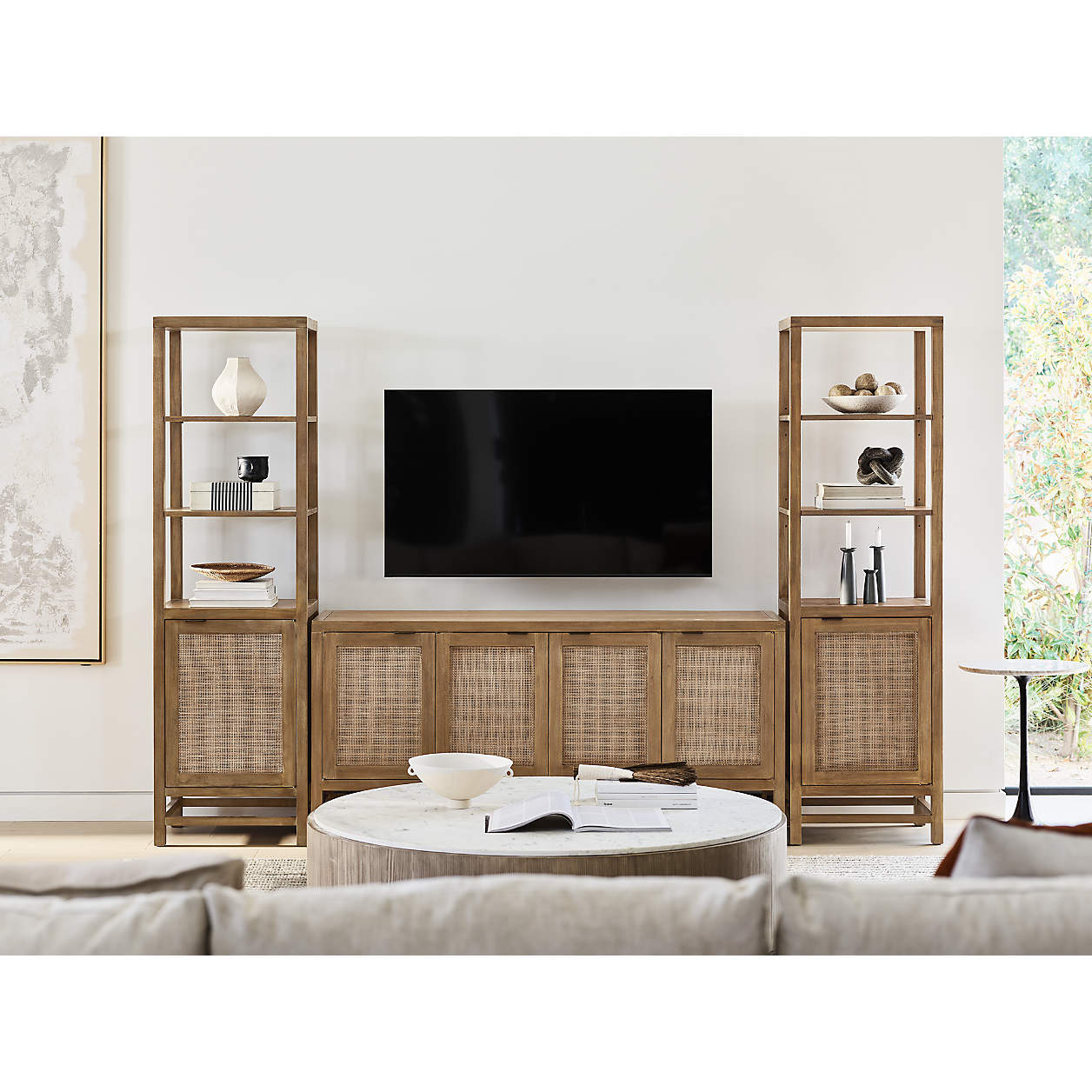 Blake 68" Light Brown Teak and Rattan Storage Media Console + Reviews | Crate & Barrel | Crate & Barrel