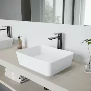 VIGO Matte Stone Marigold Composite Rectangular Vessel Bathroom Sink in White with Faucet and Pop... | The Home Depot