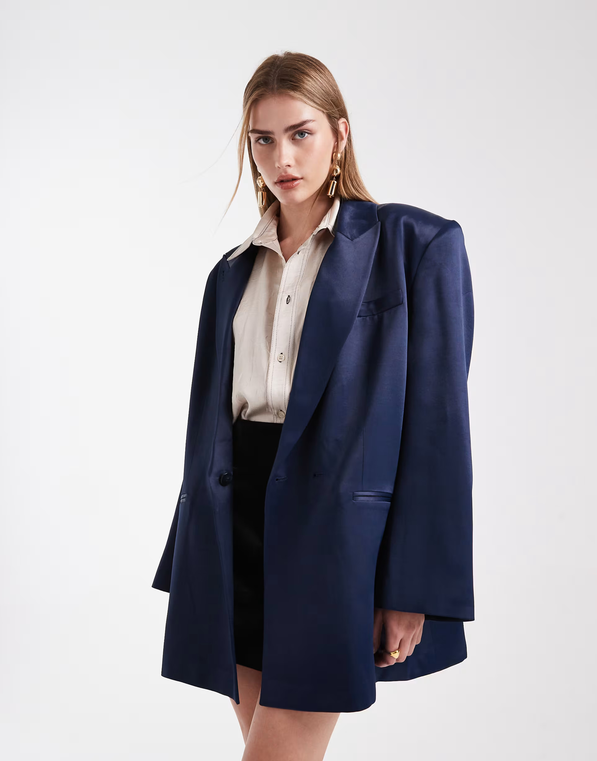 ASOS DESIGN satin longline oversized blazer in navy | ASOS | ASOS (Global)