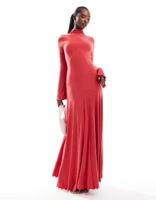 ASOS DESIGN high neck long sleeve a-line maxi dress in coral | ASOS (Global)