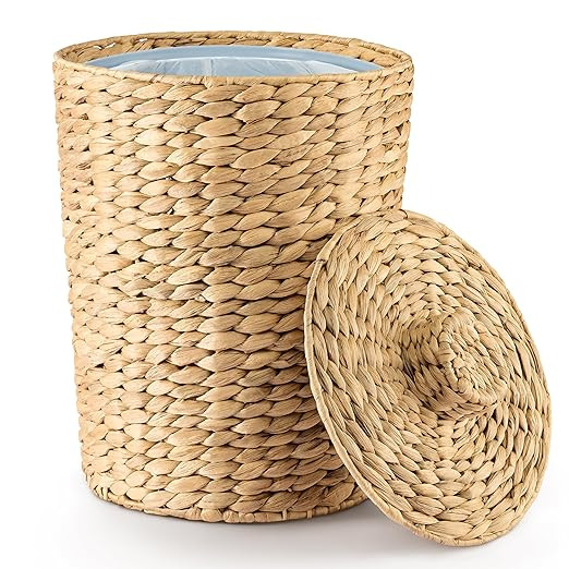 3 Gallons Wicker Woven Waste Basket with Lid - Water Hyacinth Trash Can for Office Garbage - Hand... | Amazon (US)