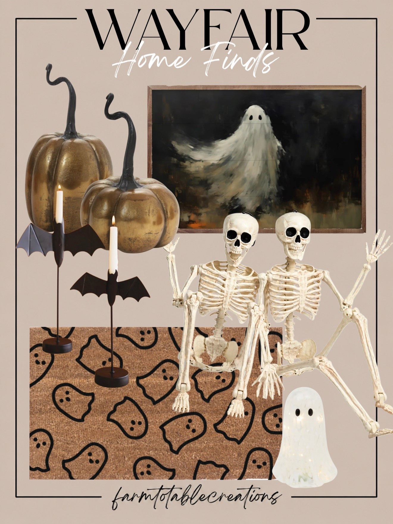 Wayfair Halloween Home Finds 👻🖤

Spooky season, but make it elevated! These Wayfair Halloween finds are the perfect mix of playful and sophisticated—from antique-gold pumpkins and dramatic bat candlesticks to the cutest skeleton duo, ghost doormat, glowing ghost, and moody wall art. I love how the black, cream, and aged-gold palette keeps everything festive without overwhelming your home.

These pieces would be so cute styled on a front porch, entryway, console table, or fireplace mantel for a Halloween look you can bring out year after year.

Follow @farmtotablecreations on Instagram for more cozy home finds and trending decor.

#LTKHome #Wayfair #WayfairFinds #WayfairHome #HalloweenDecor #HalloweenHome #SpookySeason #SpookyDecor #FallDecor #HalloweenFinds #GhostDecor #NeutralHalloween #CozyHome #SeasonalDecor #LTKSeasonal

#LTKSeasonal #LTKHome #LTKSaleAlert