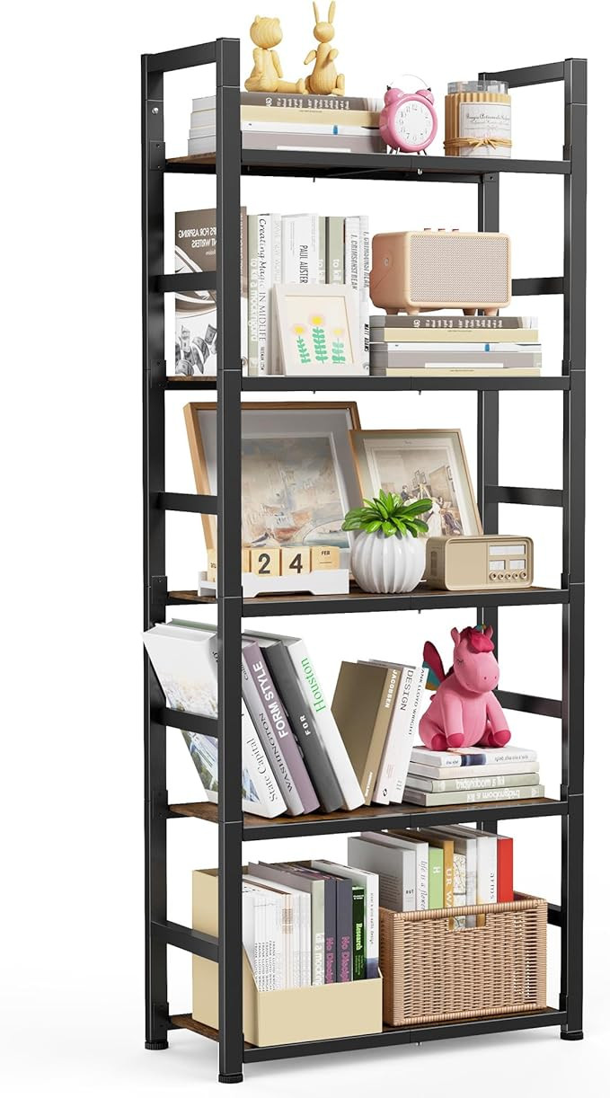 Book Shelf - 5-Tier Space-Saving Bookcase with Sidebars & Leveling Feet, Rustproof Storage Shelve... | Amazon (US)