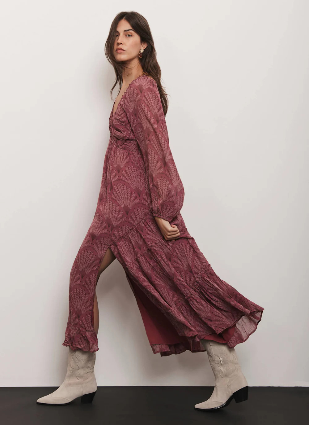 Burgundy Floral Print Midi Dress | Mint Velvet