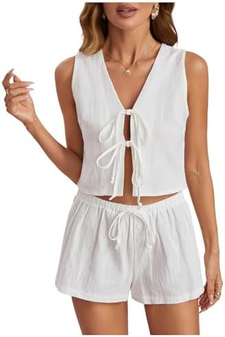 WDIRARA Women's 2 Piece Set Tie Front V Neck Tank Drawstring Shorts Summer Outfits | Amazon (US)