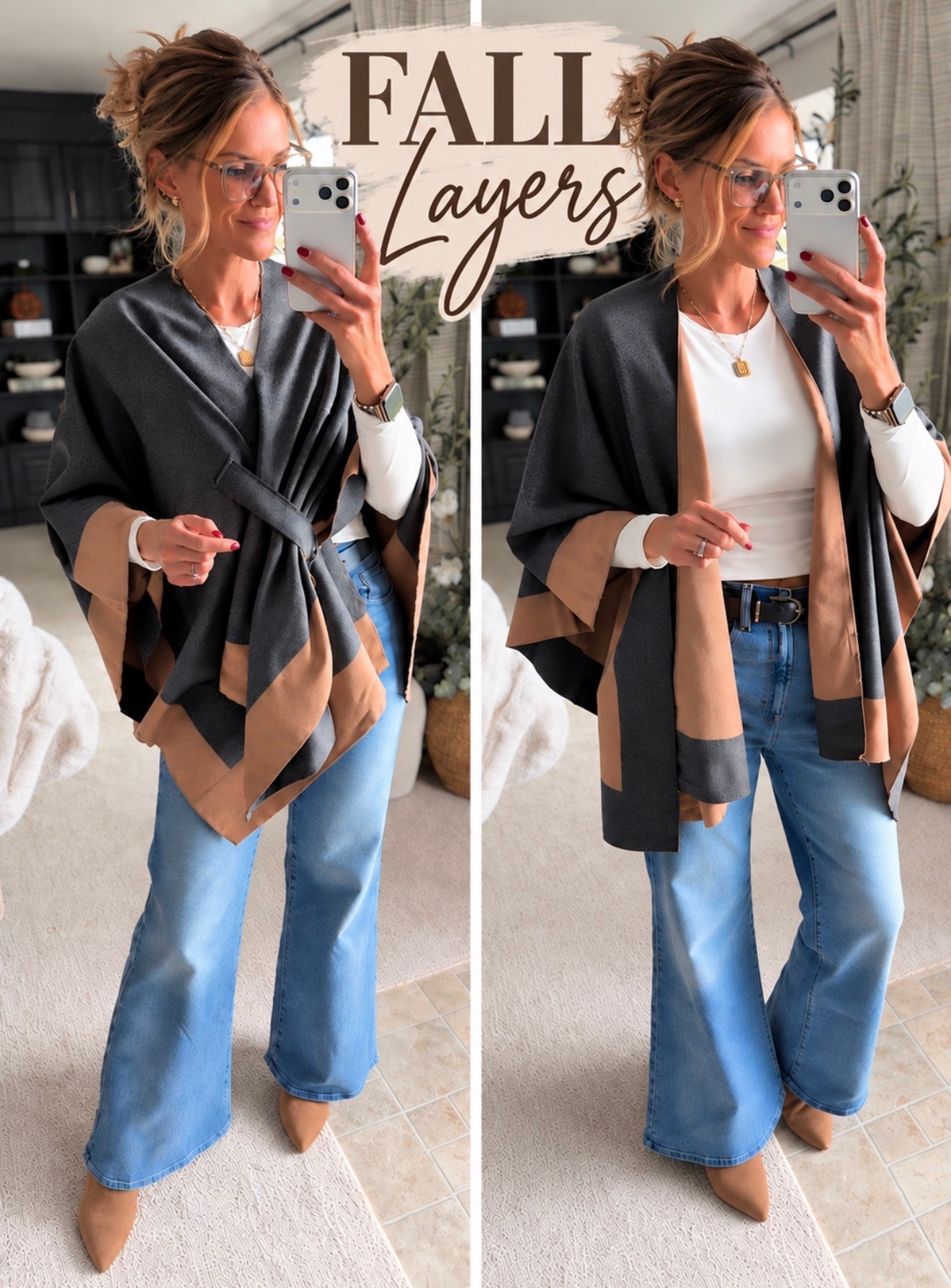 Classically chic poncho wrap that can be worn closed or open. 
One size fits most. 
Long sleeve small 
Jeans/ 8

#LTKSeasonal #LTKOver40 #LTKootd