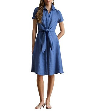 Lauren Ralph Lauren Linen Point Collar 3/4 Sleeve Tie Front Shirt Dress | Dillard's | Dillard's