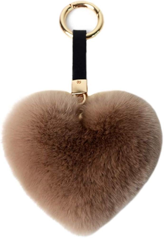 Genuine Rex Rabbit Hair Fur Pompom Keychain Heart Shaped Bag Charm Ring Fluffy Fur Ball | Amazon (US)