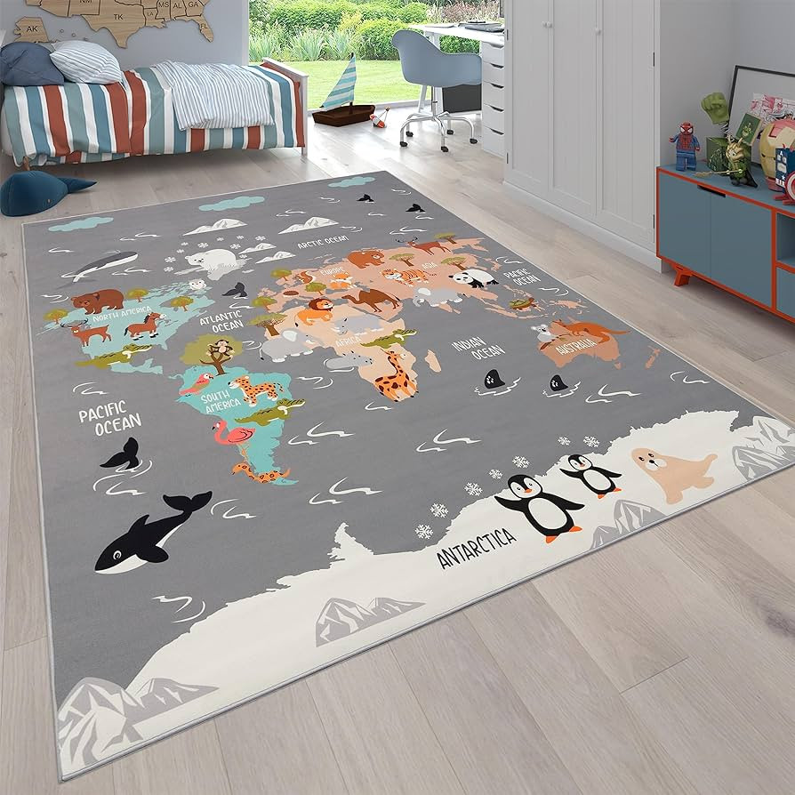 Paco Home Kids Rug Play Mat with Educational World Map & Animals in Grey, Size: 5'3" x 7'3" | Amazon (US)