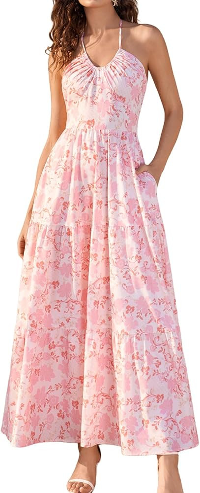 XinFSh Women's Summer Floral Halter Beach Wedding Guest Maxi Dress Boho Flowy A Line Vacation Lon... | Amazon (US)