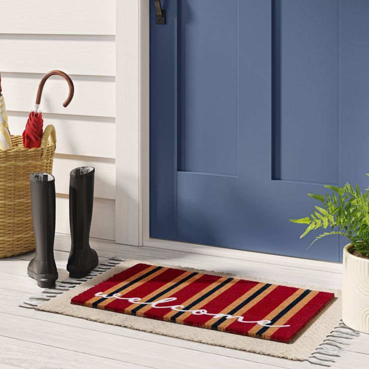 1'6"x2'6" 'Welcome' Stripe Coir Doormat Red - Threshold™ | Target