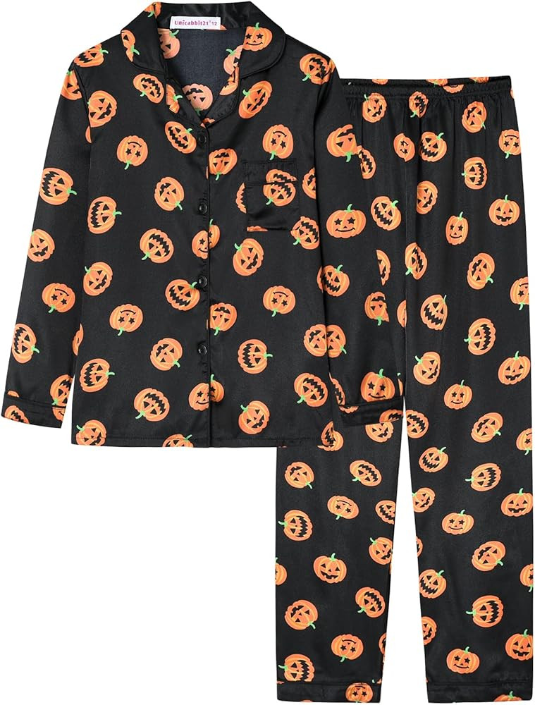 Satin Pajamas for Big Girls Unisex Kids Silk Button Down Long Sleeve & Pants PJS 2PCS Size 8-16 | Amazon (US)