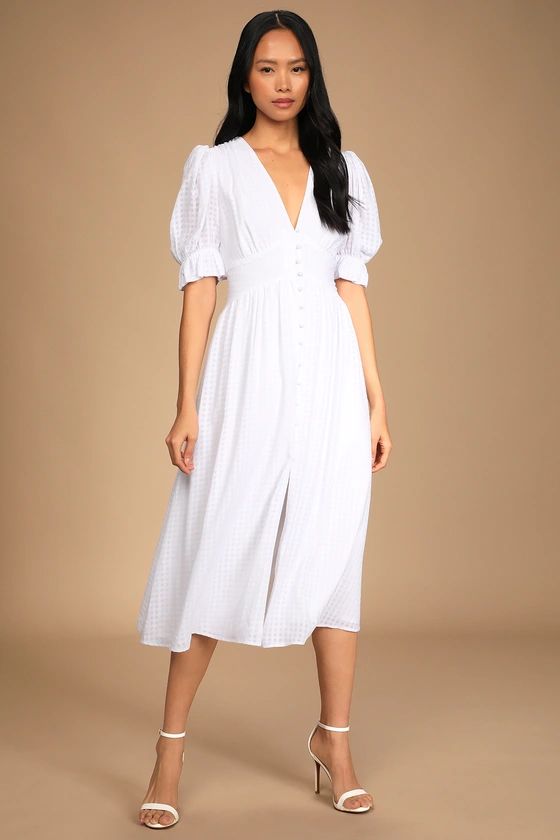 Right Next To You White Puff Sleeve Button-Up Midi Dress | Lulus (US)