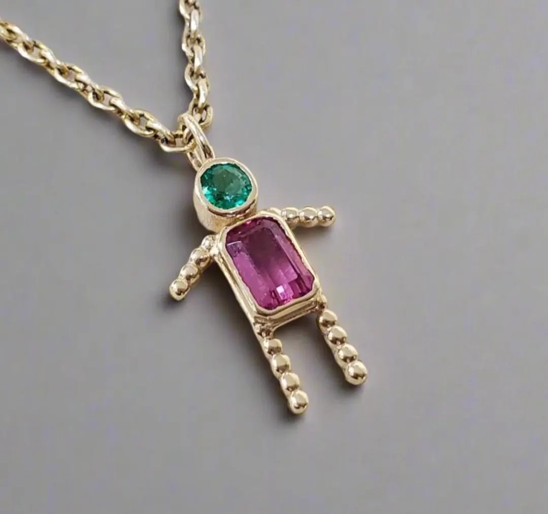 14k Gold Robot Pendant with Emerald Head & Rubellite Body, Playful Gemstone Jewelry, Custom Gift ... | Etsy (US)
