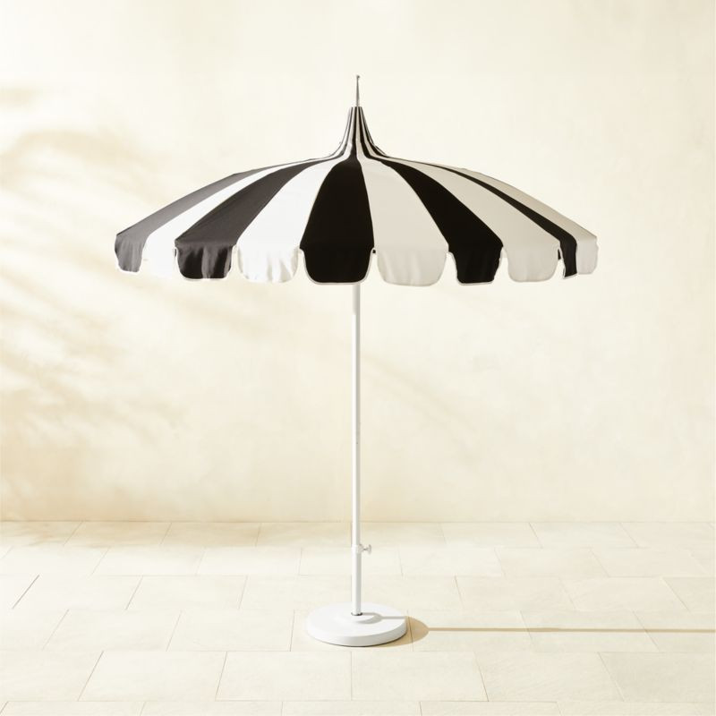 Pagoda Round Black & Natural White Stripe Outdoor Umbrella with White Base + Reviews | CB2 | CB2