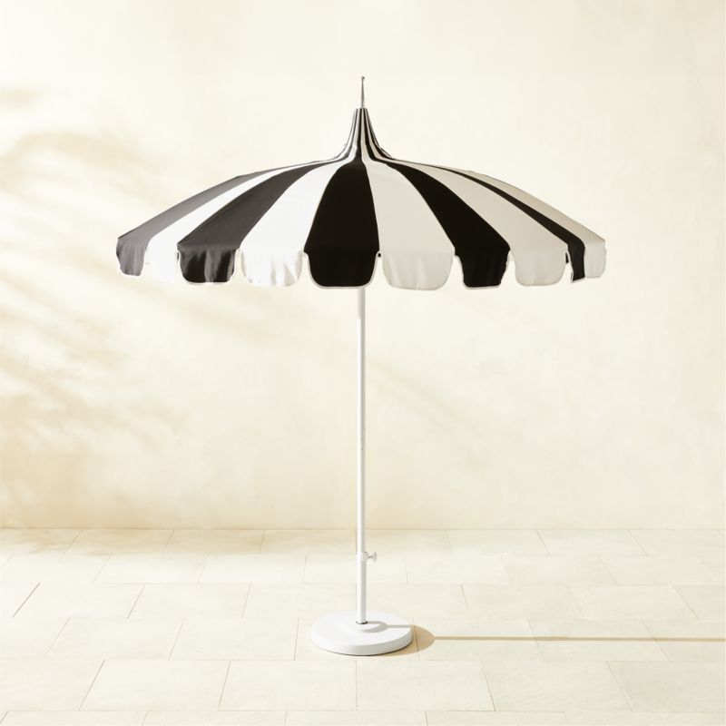 Pagoda Round Black & Natural White Stripe Outdoor Umbrella with White Base | CB2 | CB2