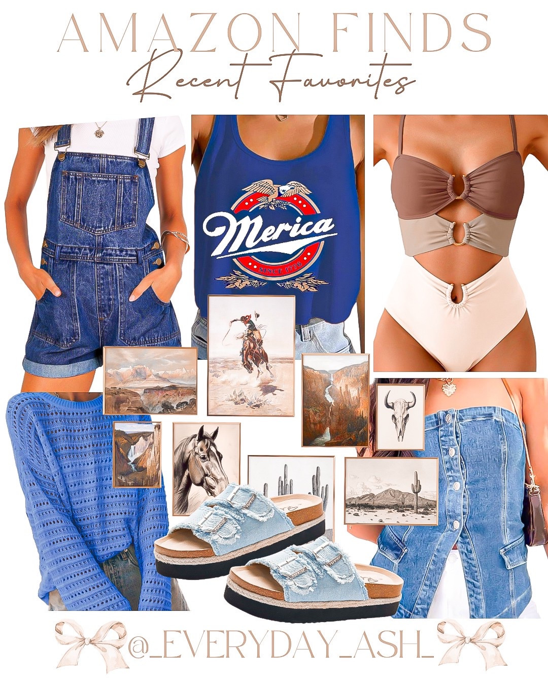 Recent Amazon favorites 💙

America shirt, denim overalls, neutral swimsuit, blue summer sweater, blue sandals, Jean sandals, western home decor, Jean tube top , Amazon fashion, Amazon home finds 

#LTKFindsUnder50 #LTKHome #LTKStyleTip