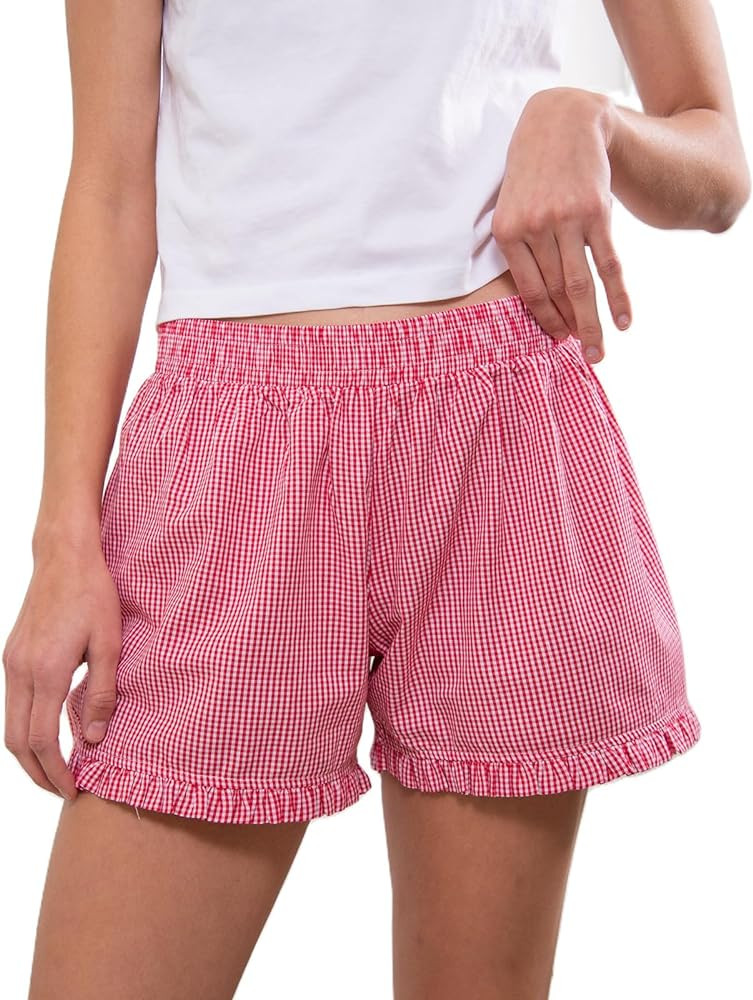Soft Gingham Boxer Shorts for Women Y2K Ruffle Hem Elastic Waist Plaid Micro Shorts Relaxed Strip... | Amazon (US)