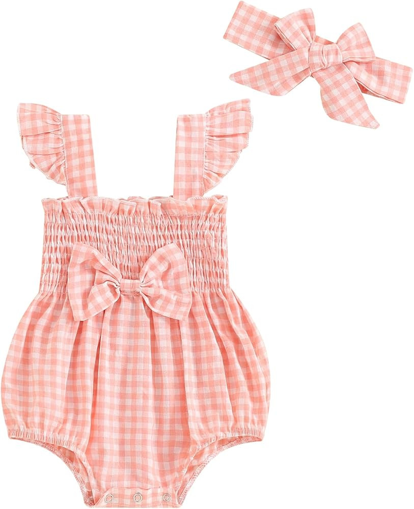 Newborn Baby Girl Ruffle Romper Fly Sleeve Plaid Print Front Bow Smocked Bubble Bodysuit with Hea... | Amazon (US)