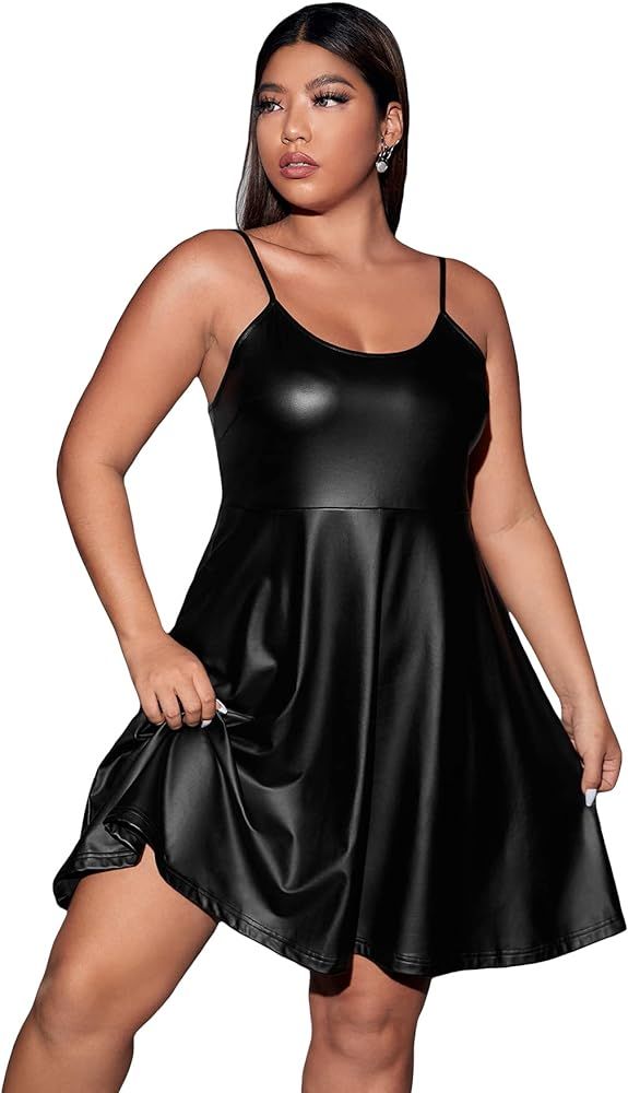 WDIRARA Women's Plus Size Spaghetti Strap Pu Leather Flared Hem A Line Cami Dress | Amazon (US)