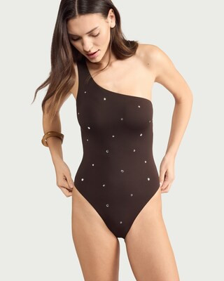 F&F One Shoulder Embellished Swimsuit in Chocolate | Tesco F&F