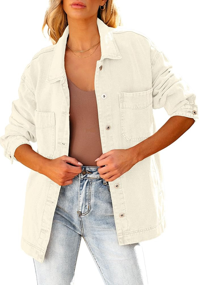 luvamia Denim Jacket for Women Trendy Oversized Button Down Jean Jacket Long Sleeve Slit Hem Shac... | Amazon (US)