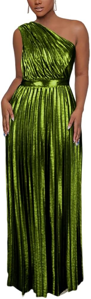 AOMEI Women's Luxury Metallic One Shoulder Sleeveless Elegant Pleated Long Dress | Amazon (US)