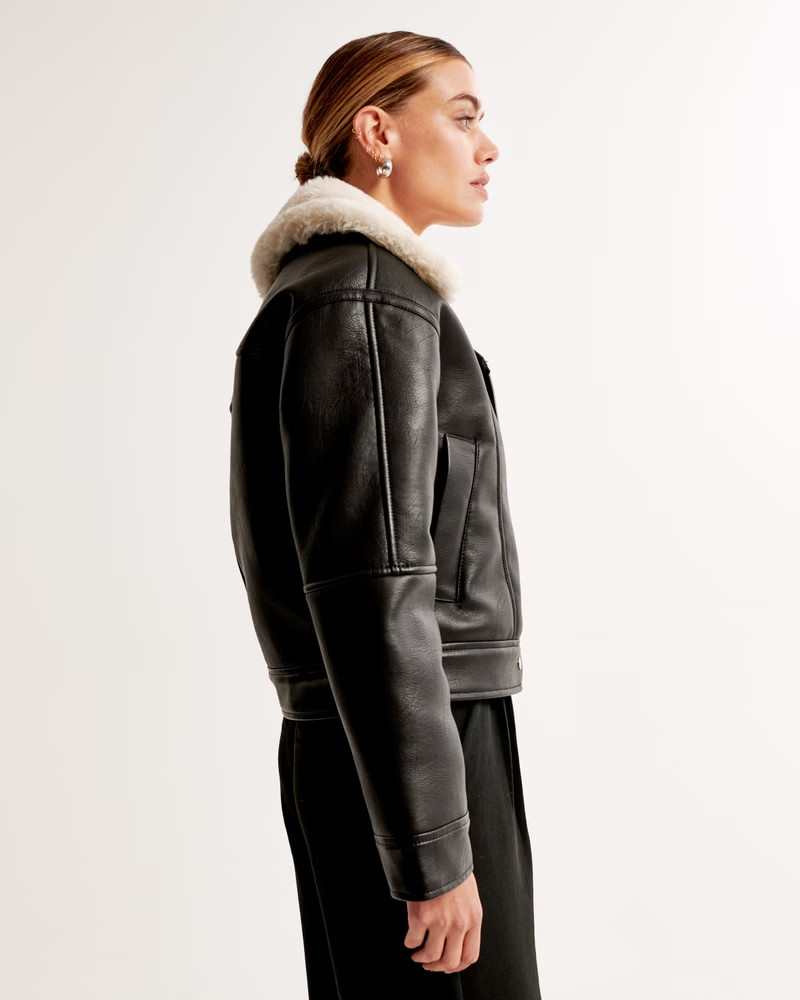 Women's Vegan Leather Sherpa Biker Jacket | Women's Up To 30% Off Select Styles | Abercrombie.com | Abercrombie & Fitch (US)