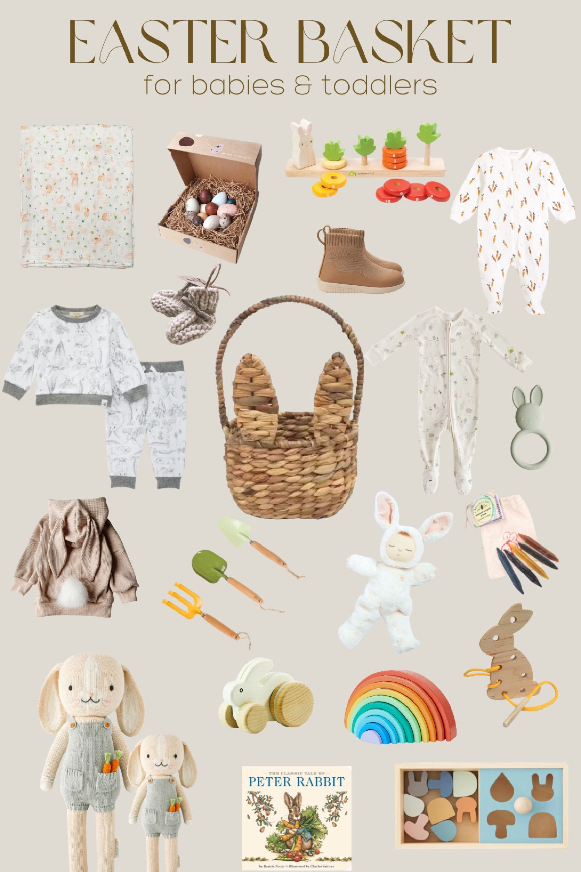 Easter basket ideas. Easter basket for kids. Easter basket for babies. Easter basket for toddlers. Non toxic toys. Eco friendly toys. Wooden toys. Montessori toys  

#LTKbaby #LTKSeasonal #LTKGiftGuide